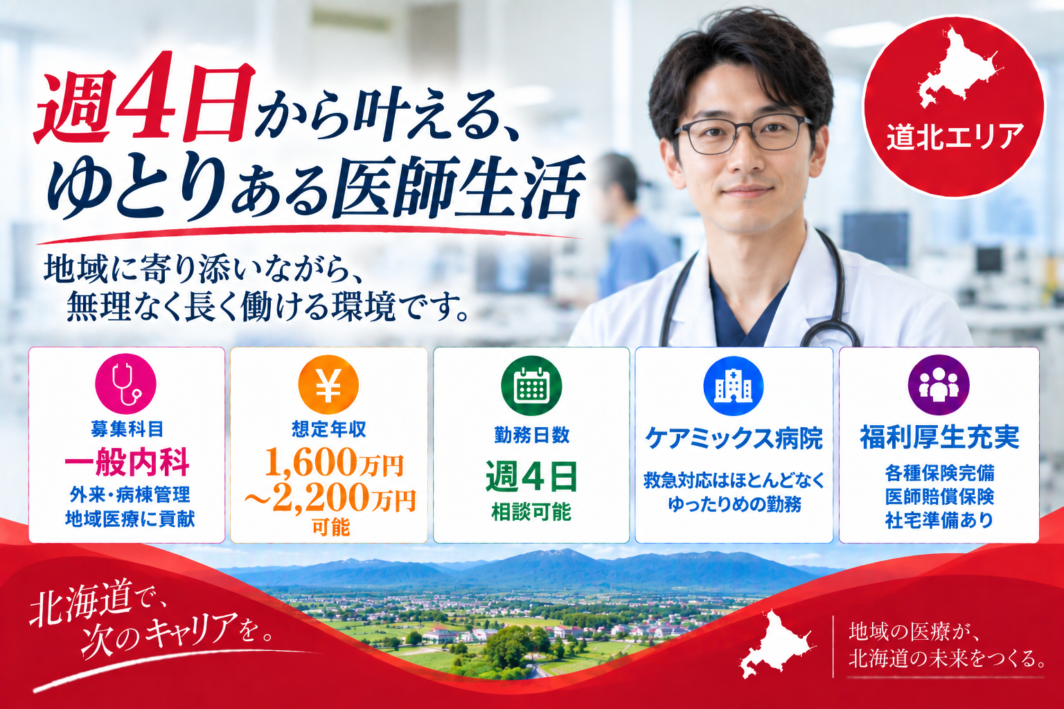 【ケアミックス病院×週4日勤務可】道北エリア／最大年収2,200万円以上可/ゆったりめの勤務