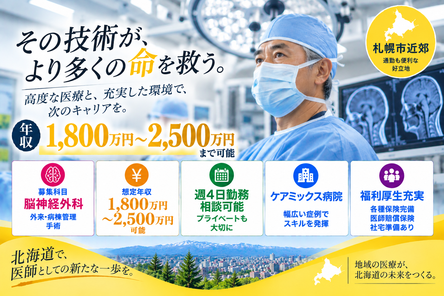 【ケアミックス病院×高額年収】札幌市近郊／最大年収2,500万円／週4日勤務検可