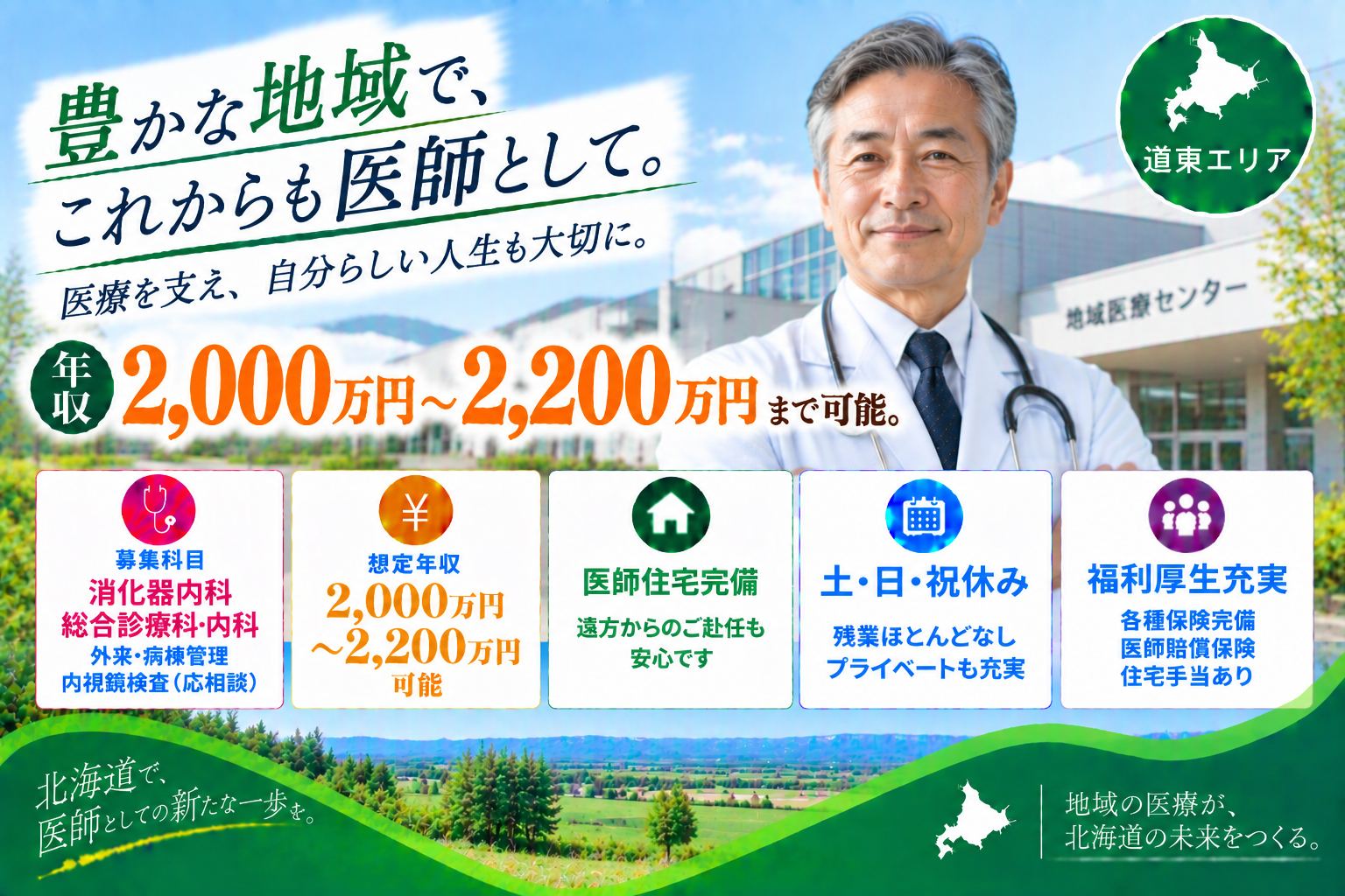 【高額年収×築浅機関】道東エリア／2,200万円可／ベテラン医師