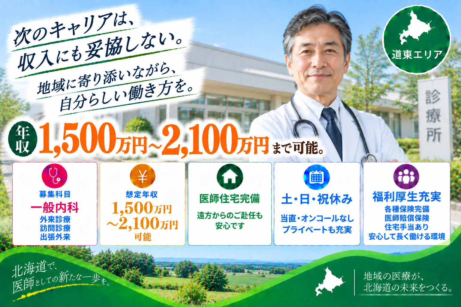【高額年収×診療所】道東エリア／2,100万円可／ベテラン医師