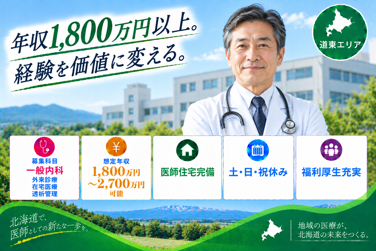 【高額年収×住居付き】道東エリア／2,700万円可／ベテラン医師
