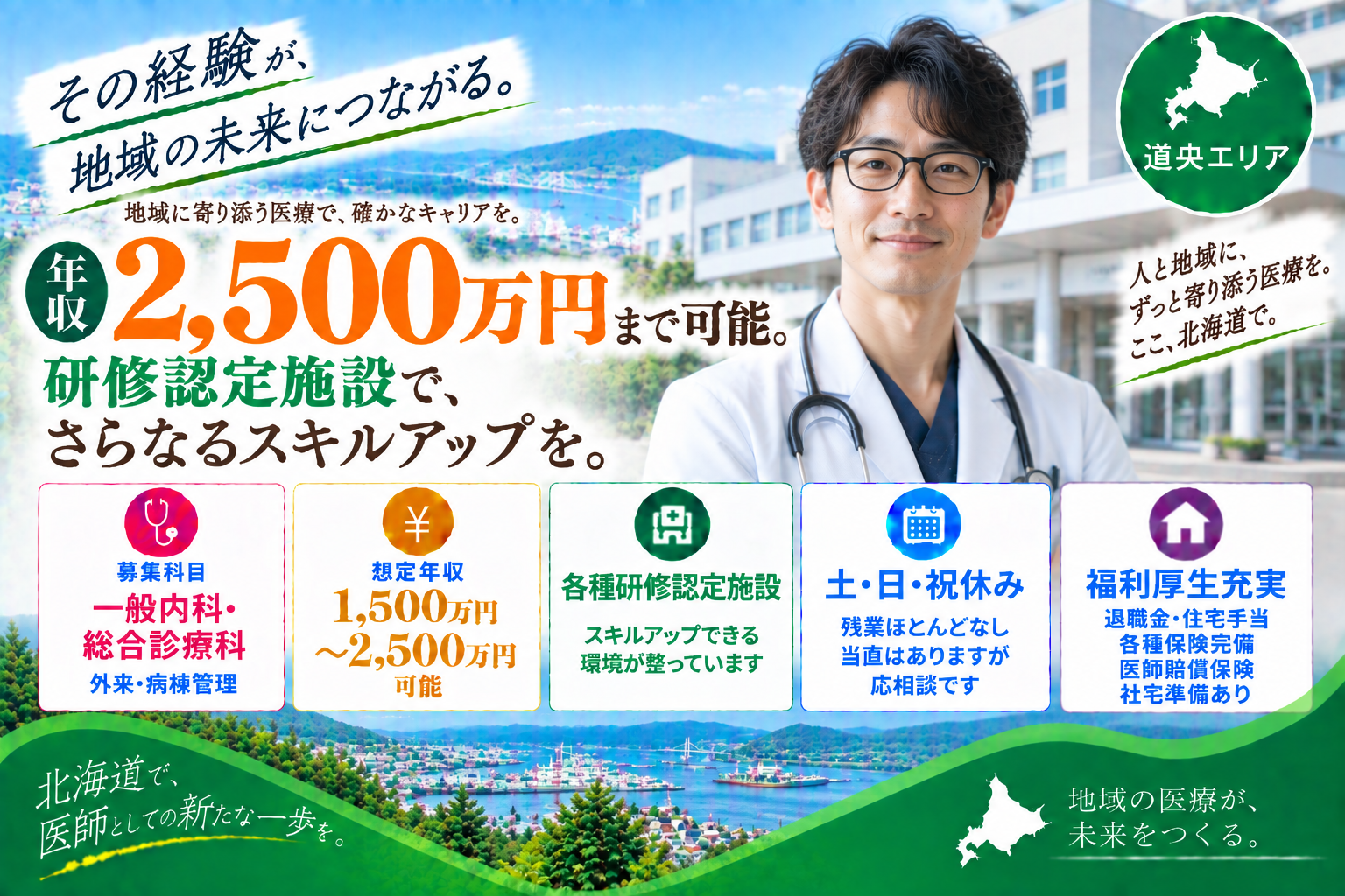 【各種研修認定施設×高額年収】道央エリア／最大年収2,500万円可／福利厚生充実