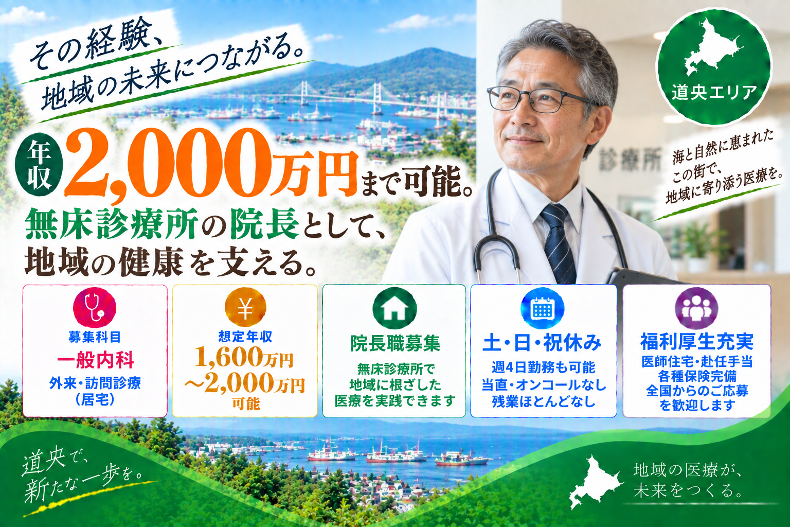 【無床診療所×高額年収】道央エリア／院長職募集／最大年収2,000万円／時間外勤務ほとんど無し