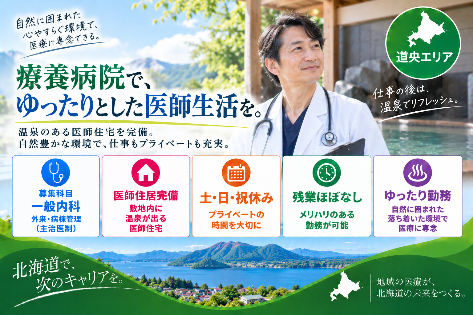 【療養病院×ゆったり勤務】道央エリア／残業ほぼなし／医師住居完備