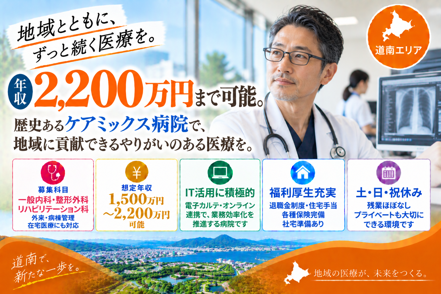 【福利厚生充実×ケアミックス病院】道南エリア／最大年収2,000万円／IT活用へ積極的な病院です。