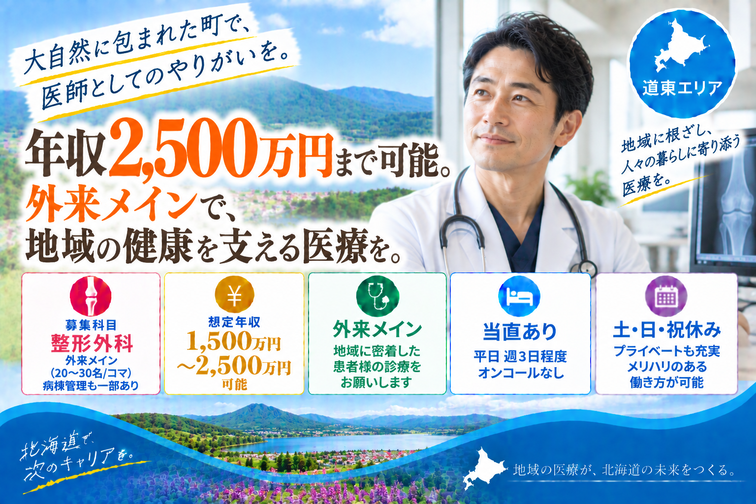 【高額年収×外来のみ】道東エリア／最大年収2,500万円可／医師住居完備