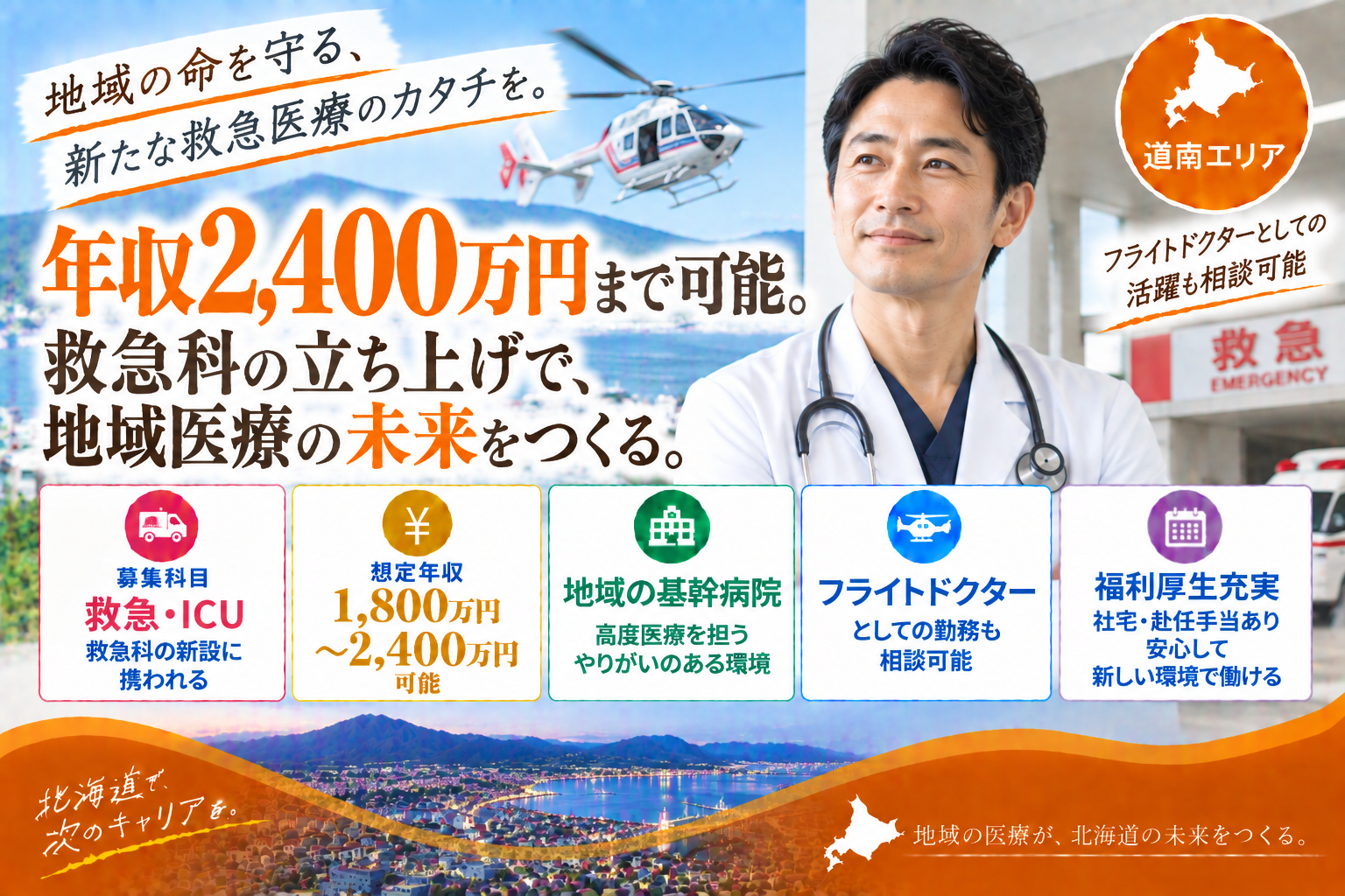 【救急科立ち上げ×地域の基幹病院】道南エリア／最大年収2,400万円／福利厚生が充実