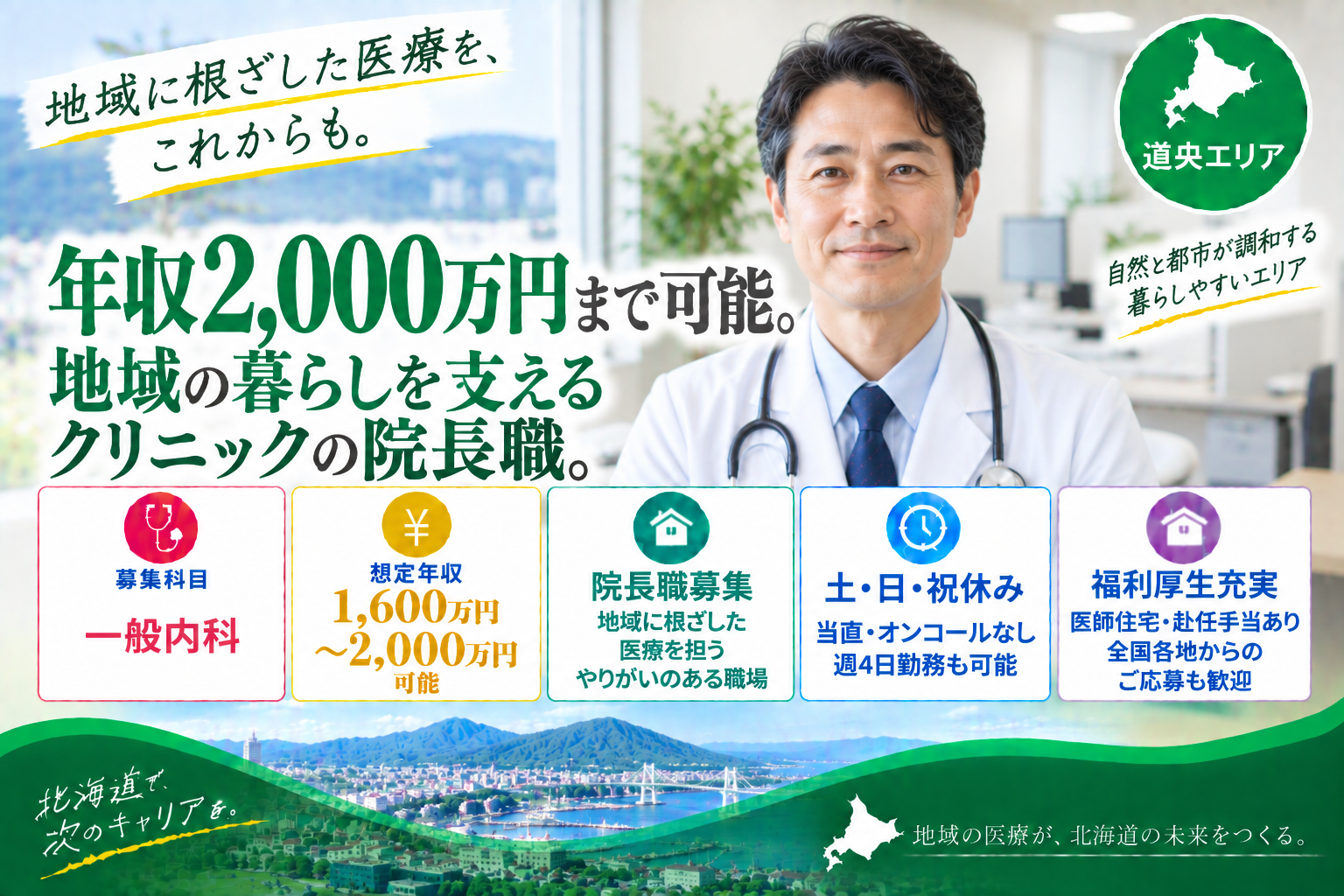 【無床診療所×高額年収】道央エリア／院長職募集／最大年収2,000万円／時間外勤務ほとんど無し