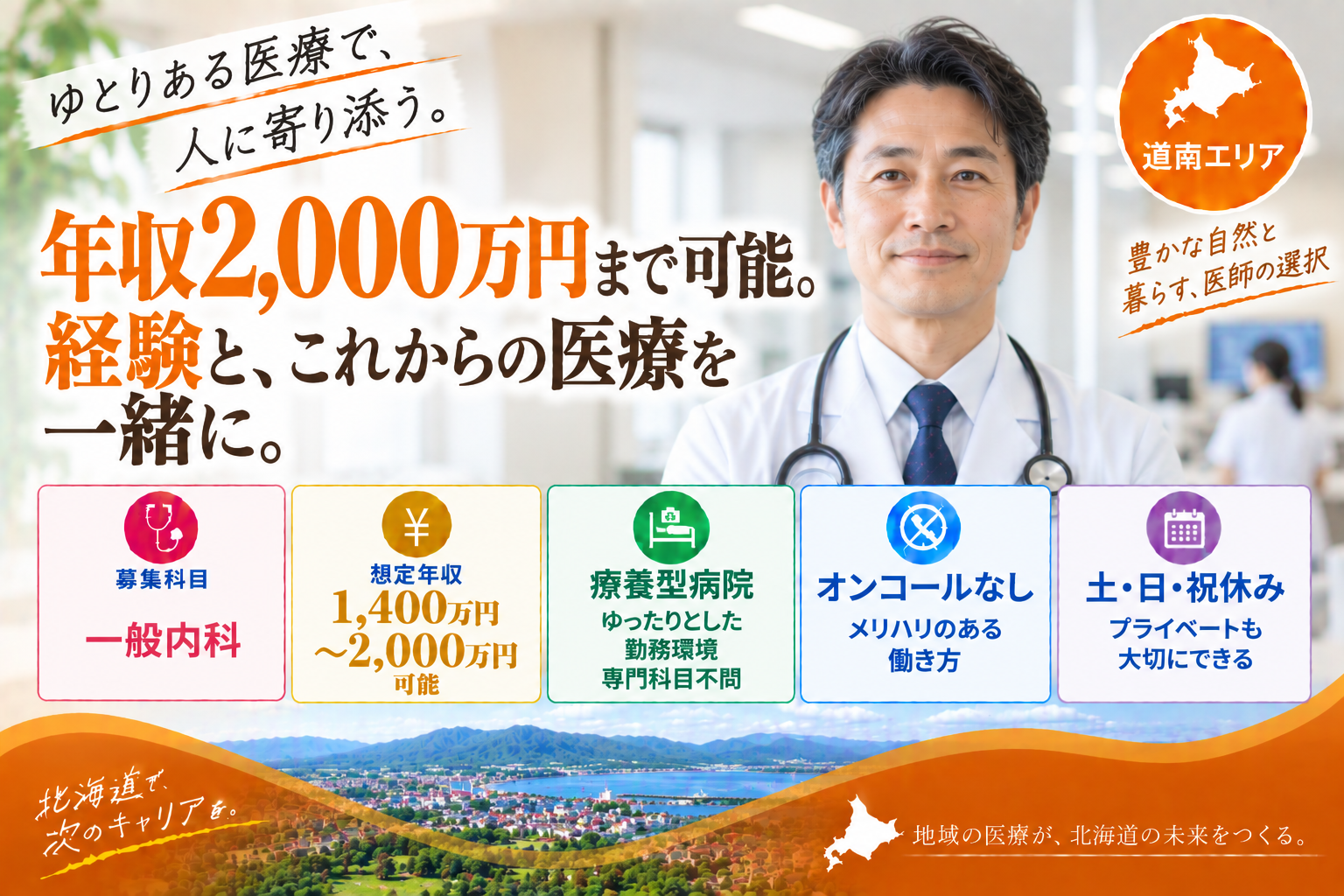 【療養型病院×高額年収】道南エリア／最大年収2,000万円可／オンコール無し
