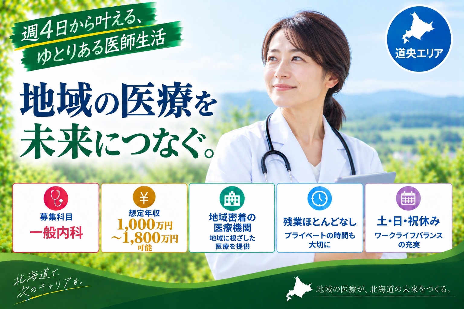 【高額年収×慢性期病院】道央エリア／当直・待機も応相談／週4日勤務可
