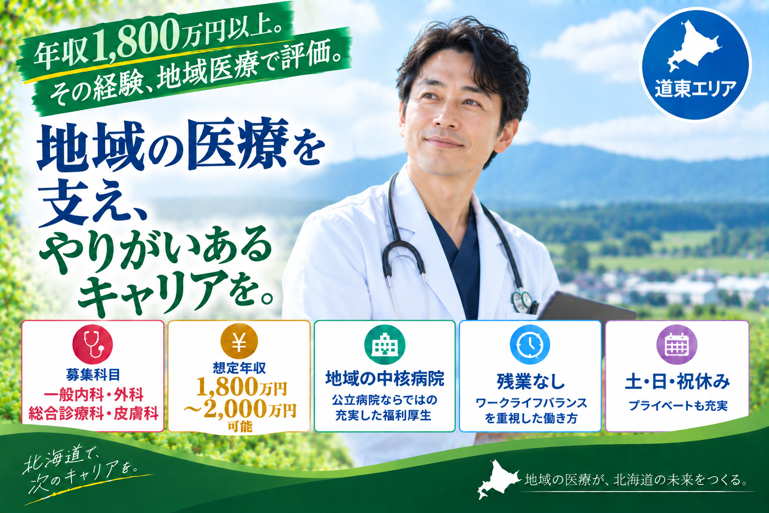 【高額年収×地域の中核病院】道東エリア/最大年収2,000万円可/各種研修認定施設