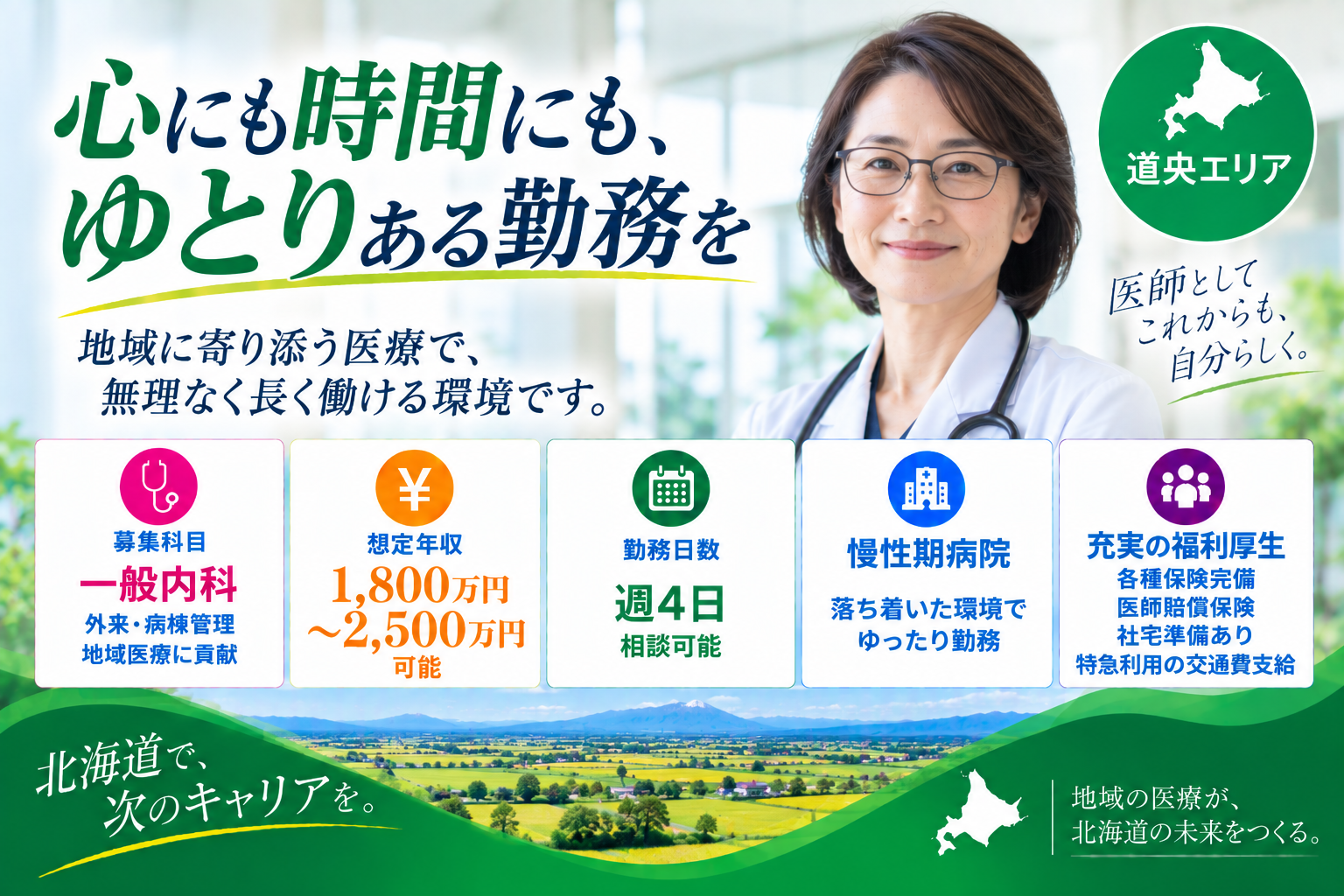 【高額年収×慢性期病院】道央エリア／年収2,500万円可能／ゆったり勤務
