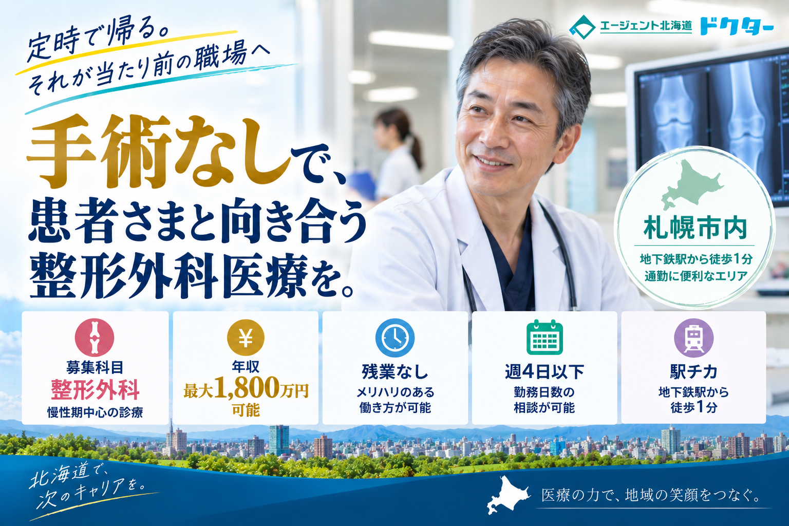 【手術なし×ケアミックス病院】札幌市内／時間外勤務ほとんど無し／地下鉄アクセス良好